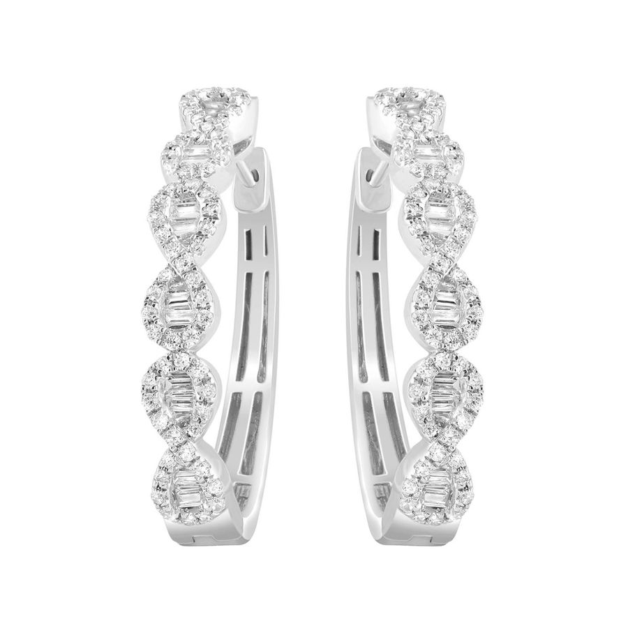 LADIES HOOP EARRINGS 0.25CT ROUND/BAGUETTE DIAMOND 10K WHITE GOLD