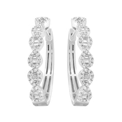 LADIES HOOP EARRINGS 0.25CT ROUND/BAGUETTE DIAMOND 10K WHITE GOLD