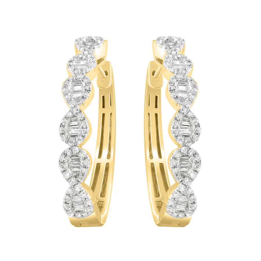 LADIES HOOP EARRINGS 0.25CT ROUND/BAGUETTE DIAMOND 10K YELLOW GOLD