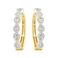 LADIES HOOP EARRINGS 0.25CT ROUND/BAGUETTE DIAMOND 10K YELLOW GOLD