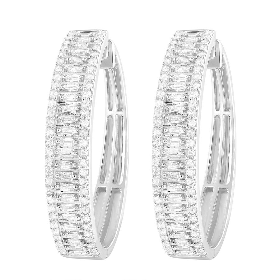 LADIES HOOP EARRINGS 1.50CT ROUND/BAGUETTE DIAMOND 10K WHITE GOLD