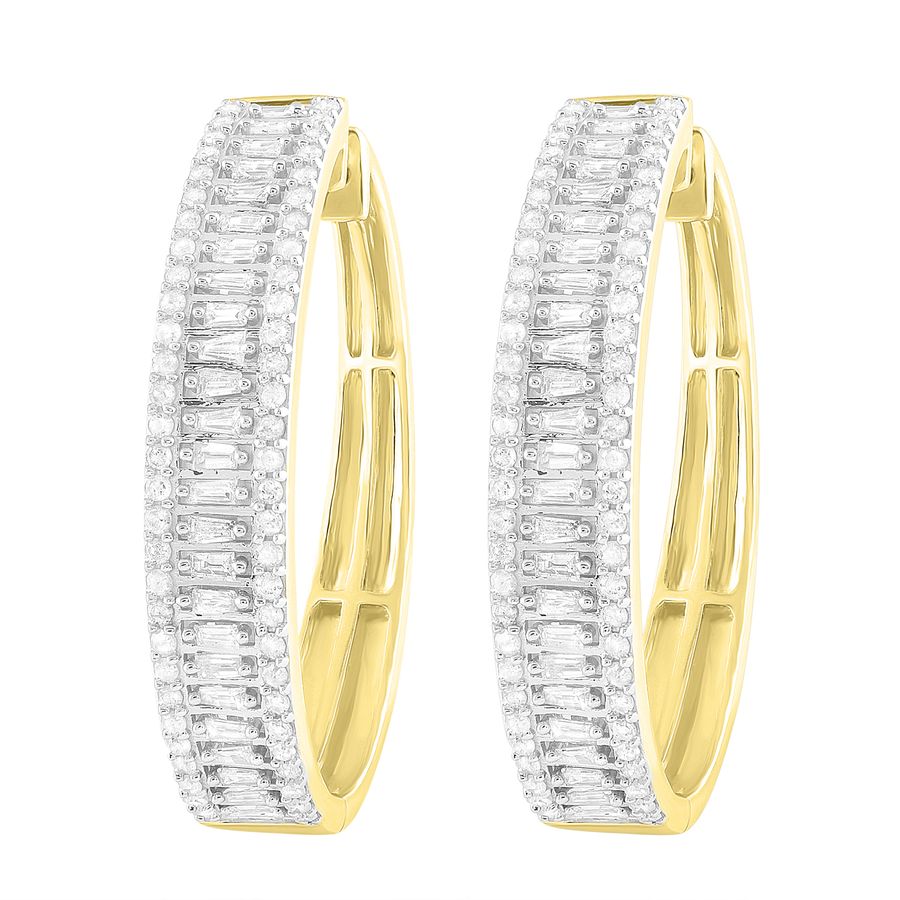 LADIES HOOP EARRINGS 1.50CT ROUND/BAGUETTE DIAMOND 10K YELLOW GOLD