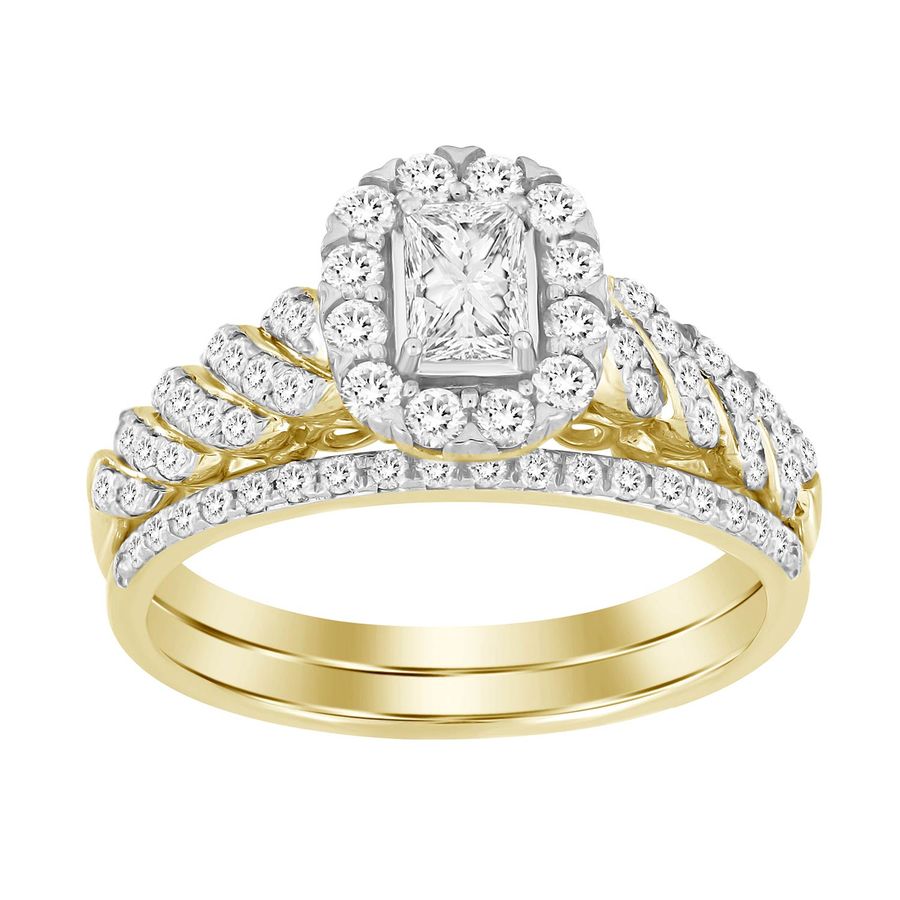 BRIDAL RING SET 1.00CT ROUND/EMERALD DIAMOND 14K YELLOW GOLD