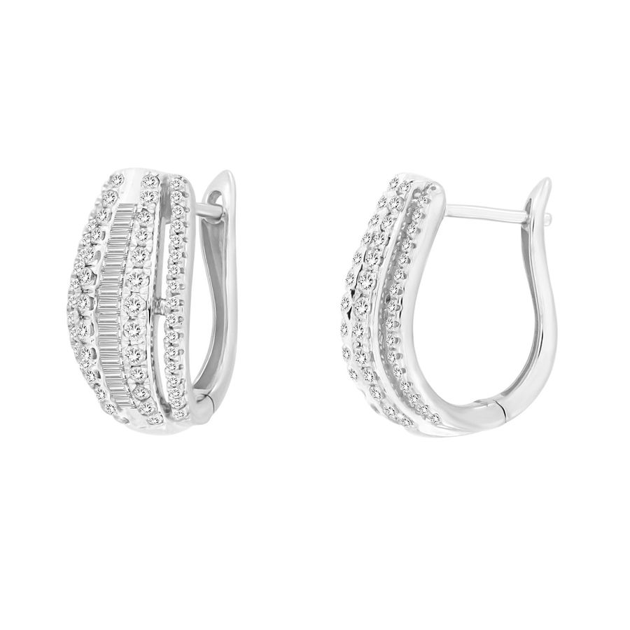 LADIES HOOP EARRINGS 1.00CT ROUND/BAGUETTE DIAMOND 10K WHITE GOLD