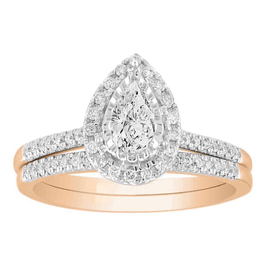 LADIES BRIDAL SET 0.60CT ROUND DIAMOND 14K ROSE GOLD (CENTER STONE 0.33CT PEAR DIAMOND)