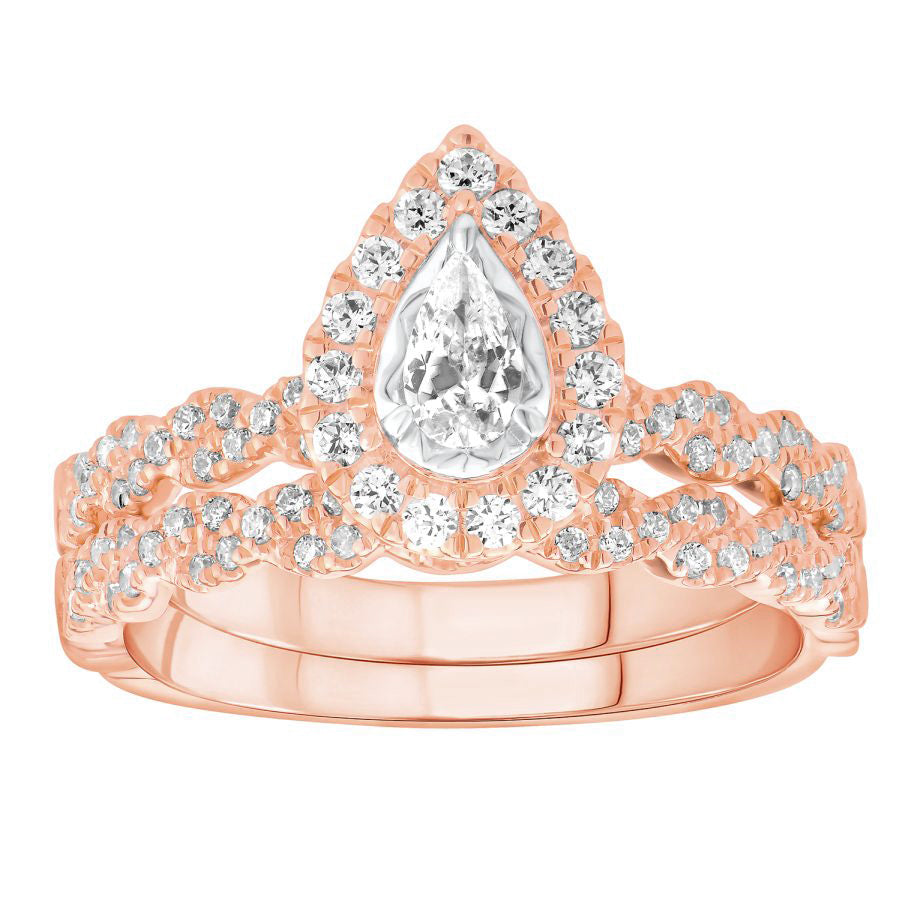 LADIES BRIDAL SET 0.65CT ROUND DIAMOND 14K ROSE GOLD (CENTER STONE 0.20CT PEAR DIAMOND)