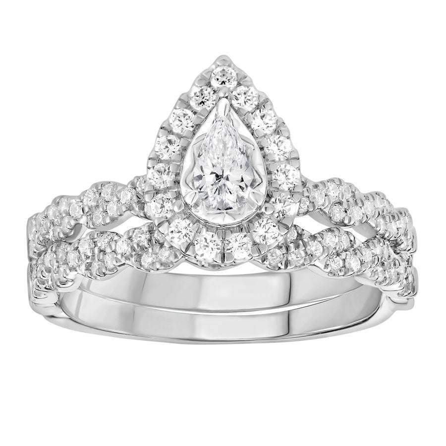 LADIES BRIDAL SET 0.65CT ROUND/PEAR DIAMOND 14K WHITE GOLD