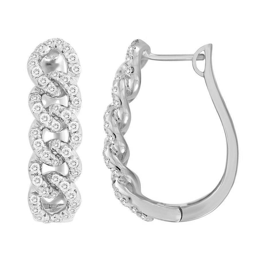 LADIES HOOP EARRINGS 1.00CT ROUND DIAMOND 10K WHITE GOLD