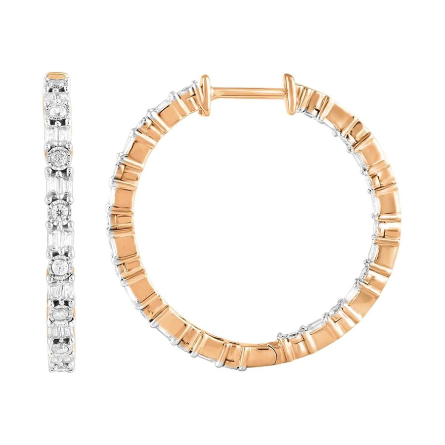 LADIES HOOP EARRINGS 1.00CT ROUND/BAGUETTE DIAMOND 10K ROSE GOLD