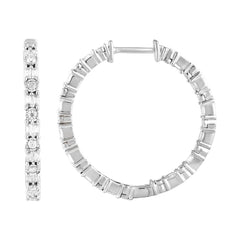 LADIES HOOP EARRINGS 1.00CT ROUND/BAGUETTE DIAMOND 10K WHITE GOLD