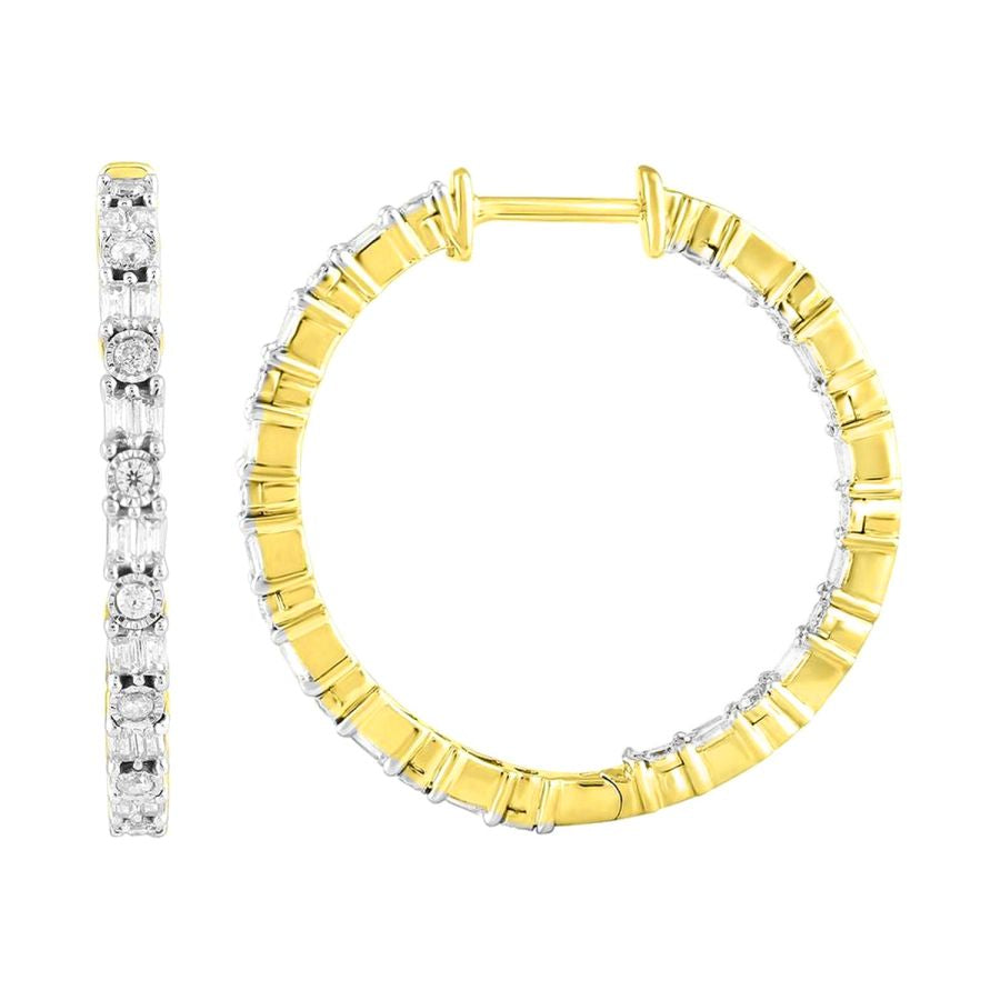 LADIES HOOP EARRINGS 1.00CT ROUND/BAGUETTE DIAMOND 10K YELLOW GOLD