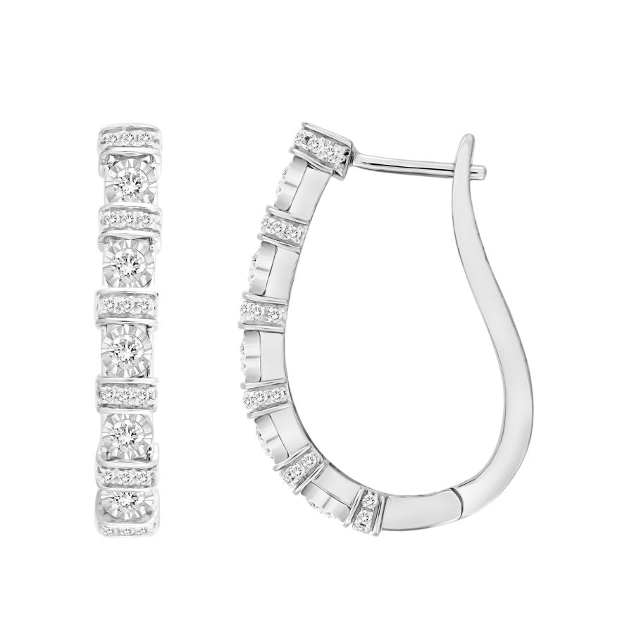 LADIES HOOP EARRINGS 0.75CT ROUND DIAMOND 10K WHITE GOLD