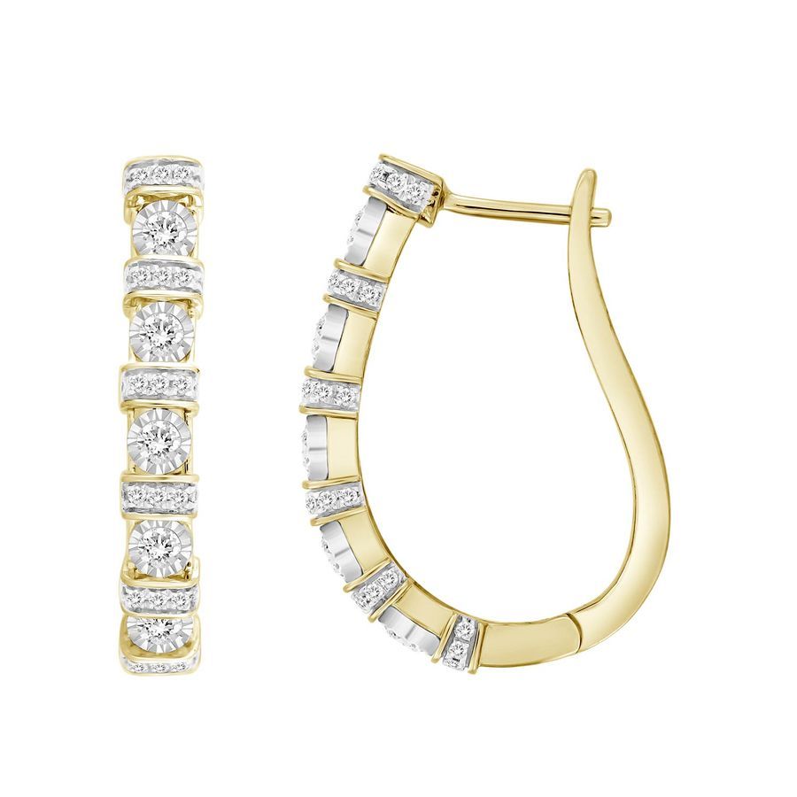 LADIES HOOP EARRINGS 0.75CT ROUND DIAMOND 10K YELLOW GOLD