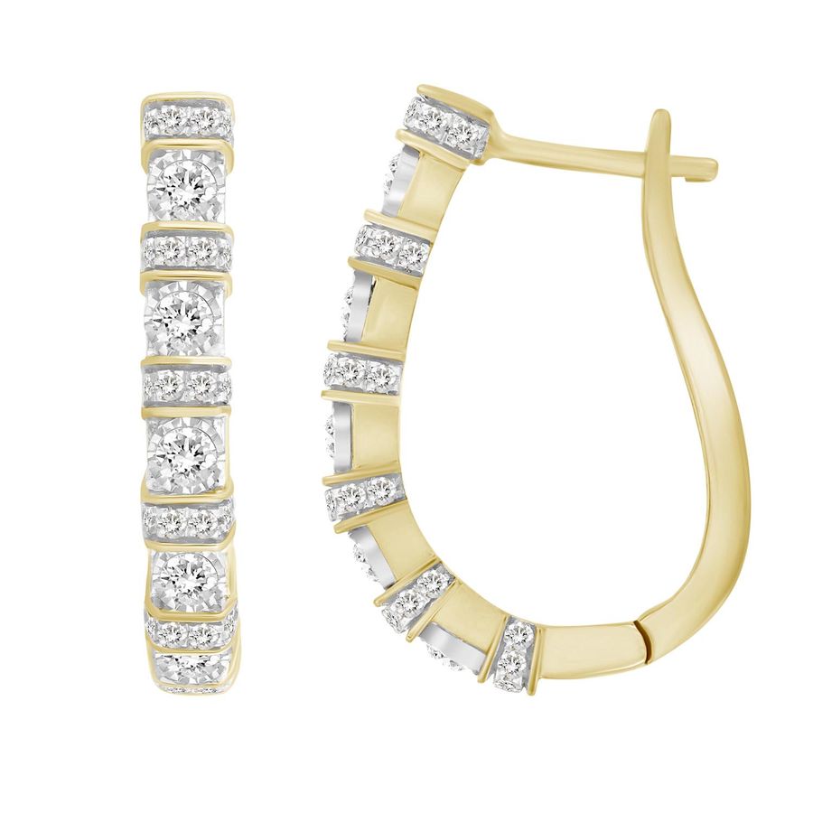 LADIES HOOP EARRINGS 0.50CT ROUND DIAMOND 10K YELLOW GOLD