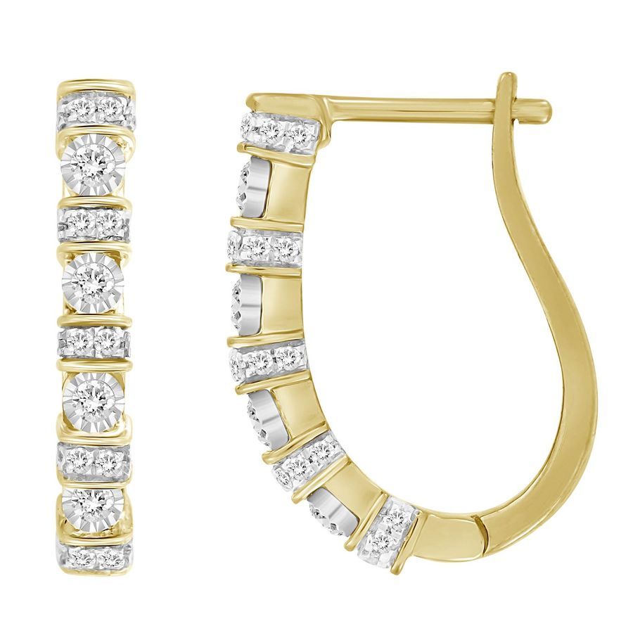 LADIES HOOP EARRINGS 0.25CT ROUND DIAMOND 10K YELLOW GOLD