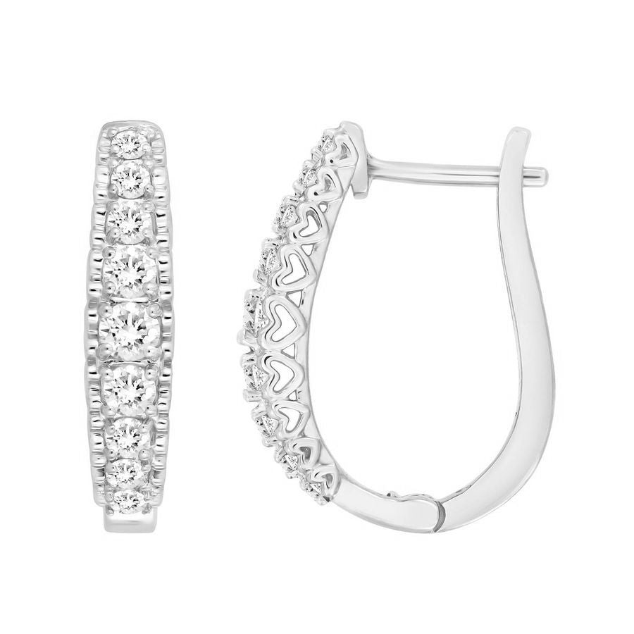 LADIES HOOP EARRINGS 1.00CT ROUND DIAMOND 10K WHITE GOLD