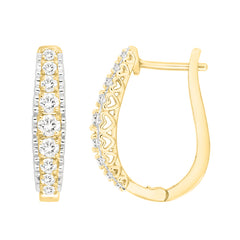 LADIES HOOP EARRINGS 1.00CT ROUND DIAMOND 10K YELLOW GOLD