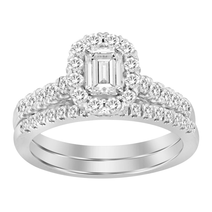 LADIES BRIDAL SET 1.00CT ROUND/EMERALD DIAMOND 14K WHITE GOLD