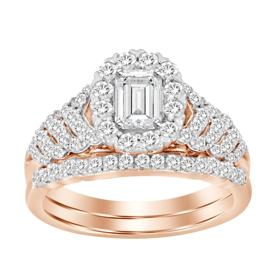 LADIES BRIDAL SET 1.00CT ROUND/EMERALD DIAMOND 14K ROSE GOLD (CENTER STONE 0.33CT EMERALD DIAMOND)