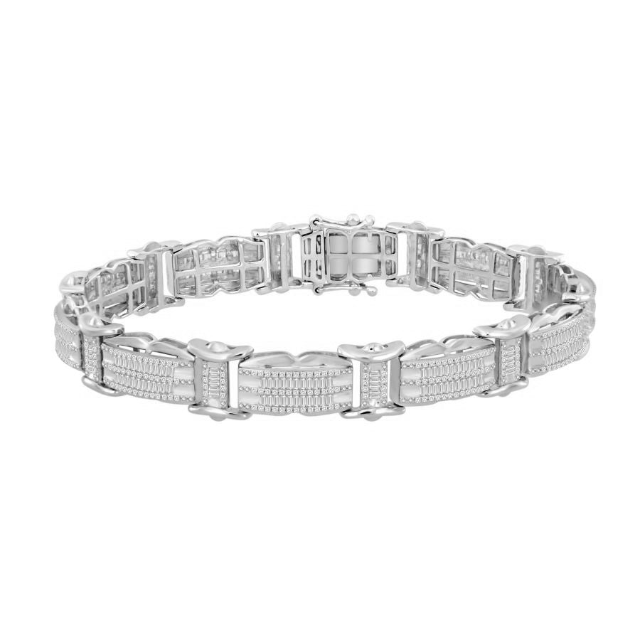 MEN'S BRACELET 3.00CT ROUND/BAGUETTE DIAMOND 10K WHITE GOLD