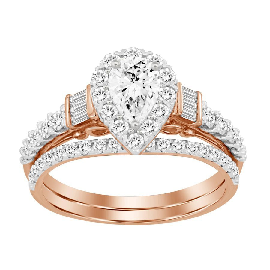 LADIES BRIDAL SET 1.00CT ROUND/BAGUETTE DIAMOND 14K ROSE GOLD (SI QUALITY) (CENTER STONE 0.33CT PEAR DIAMOND)