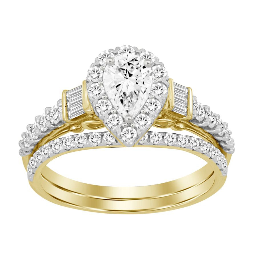 LADIES BRIDAL SET 1.00CT ROUND/BAGUETTE DIAMOND 14K YELLOW GOLD (CENTER STONE 0.33CT PEAR DIAMOND)