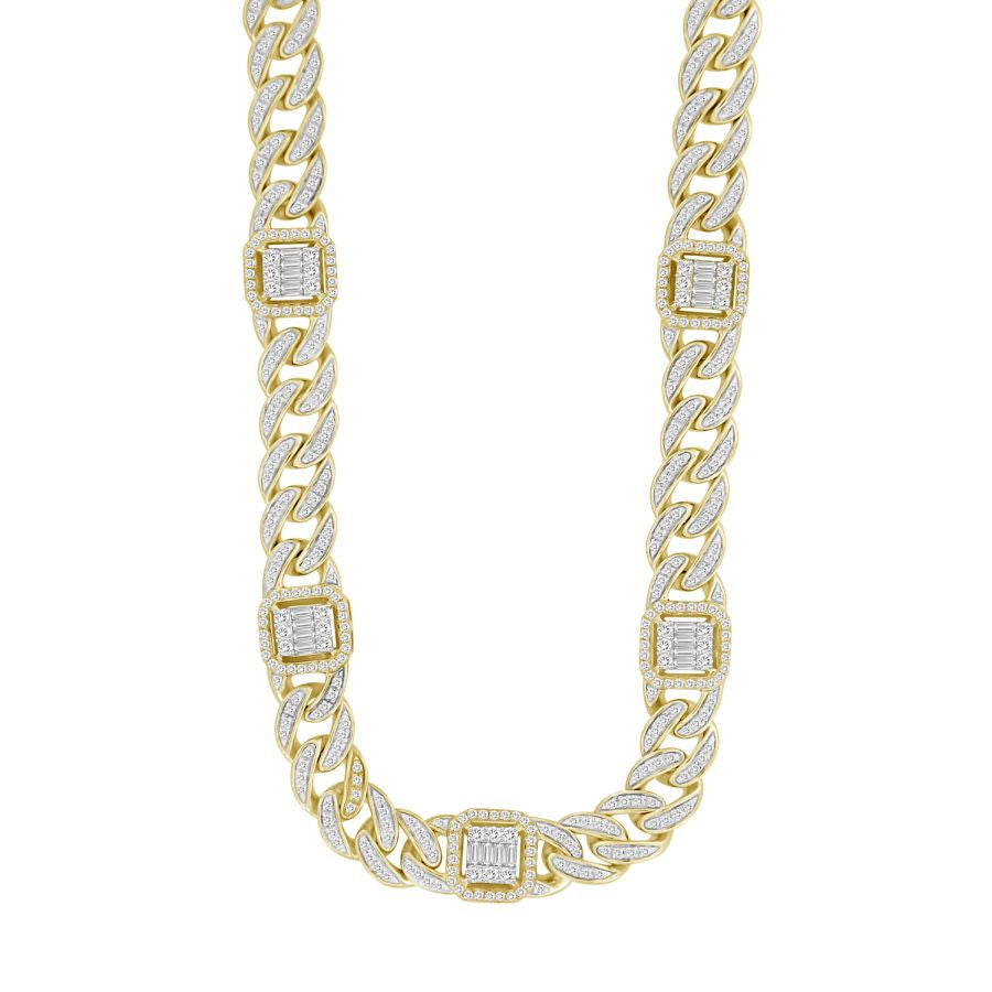 MEN'S NECKLACE 5.35CT ROUND/BAGUETTE DIAMOND 10K YELLOW GOLD