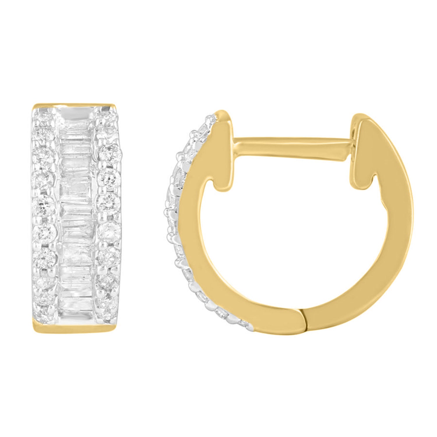 LADIES HOOPS EARRINGS 0.50CT ROUND/BAGUETTE DIAMOND 14K YELLOW GOLD