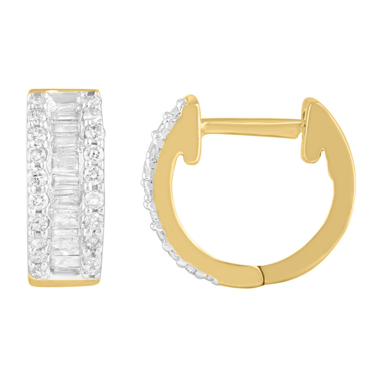 LADIES HOOPS EARRINGS 0.50CT ROUND/BAGUETTE DIAMOND 14K YELLOW GOLD