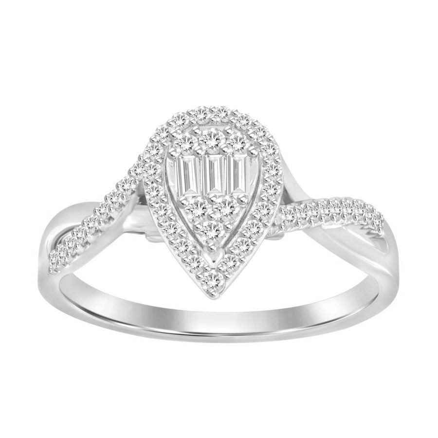 LADIES RING 0.25CT ROUND/BAGUETTE DIAMOND 10K WHITE GOLD