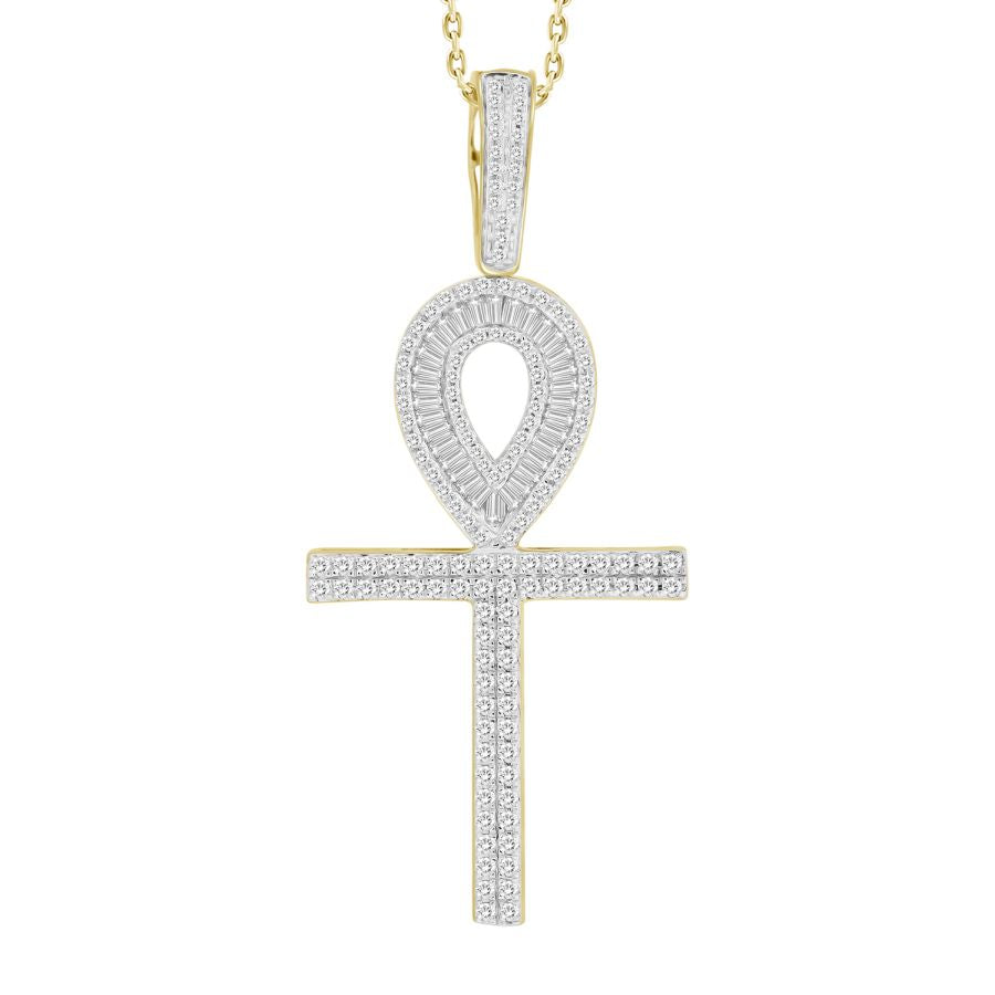 MEN'S CROSS CHARM 1.00CT ROUND/BAGUETTE DIAMOND 10K YELLOW GOLD