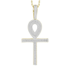 MEN'S CROSS CHARM 1.00CT ROUND/BAGUETTE DIAMOND 10K YELLOW GOLD