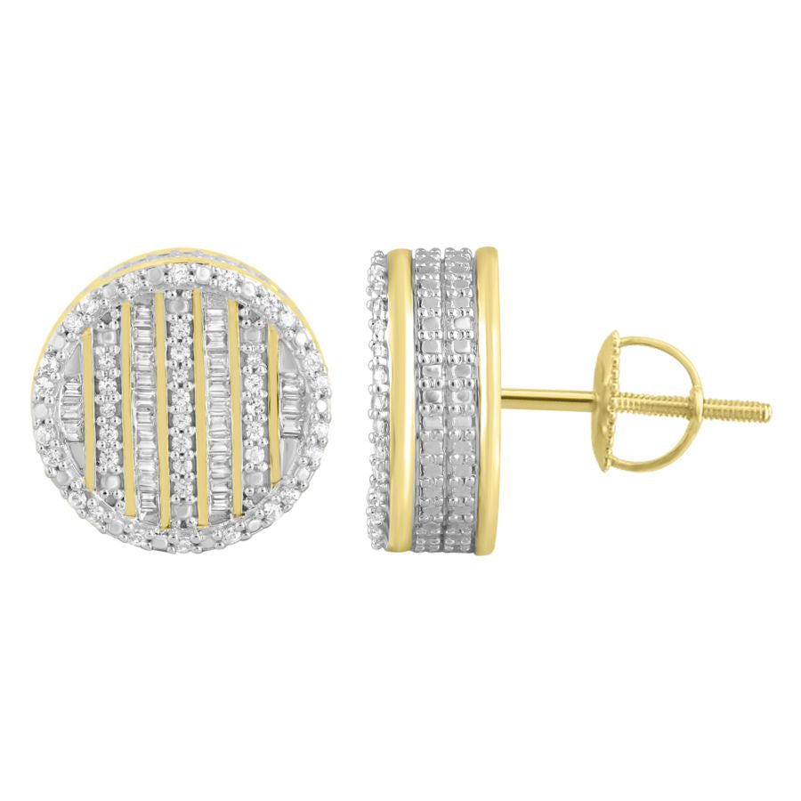 MEN'S STUD EARRINGS 0.50CT ROUND/BAGUETTE DIAMOND 10K YELLOW GOLD