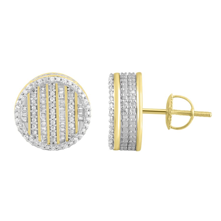 MEN'S STUD EARRINGS 0.50CT ROUND/BAGUETTE DIAMOND 14K YELLOW GOLD