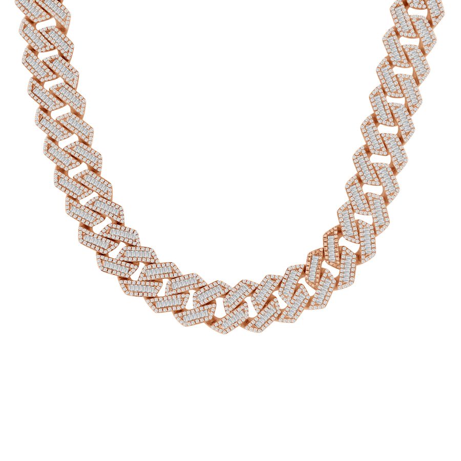 MEN'S NECKLACE 15.75CT ROUND/BAGUETTE DIAMOND 10K ROSE GOLD