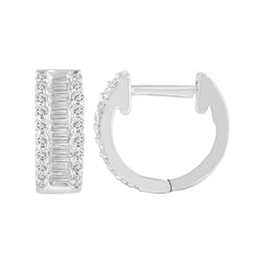 LADIES HOOPS EARRINGS 0.50CT ROUND/BAGUETTE DIAMOND 10K WHITE GOLD