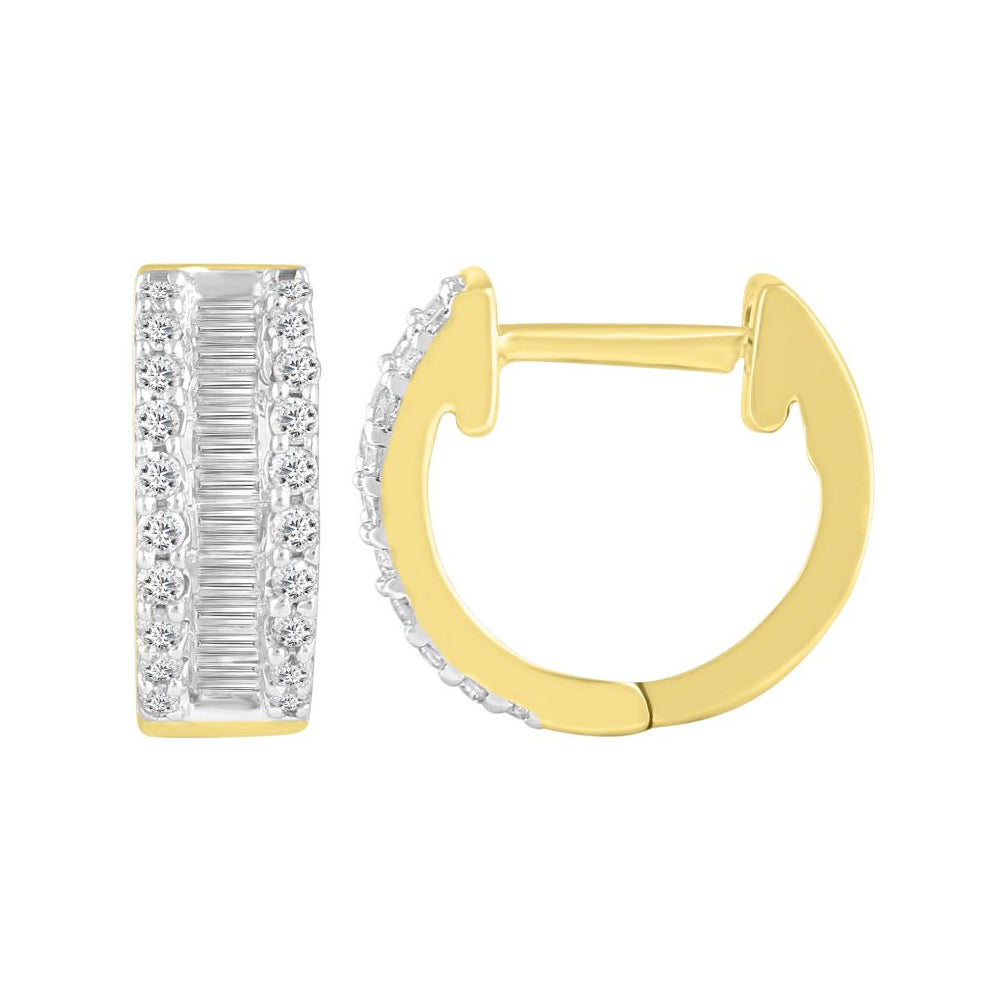 LADIES HOOPS EARRINGS 0.50CT ROUND/BAGUETTE DIAMOND 10K YELLOW GOLD