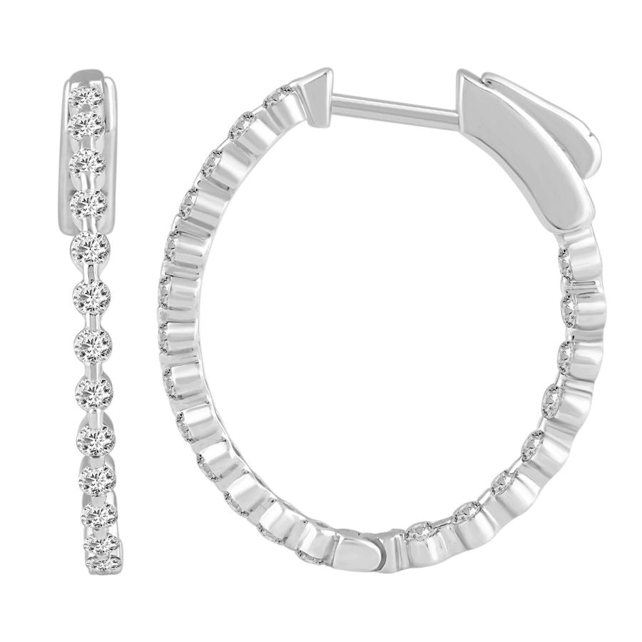 LADIES HOOP EARRINGS 1.00CT ROUND DIAMOND 10K WHITE GOLD