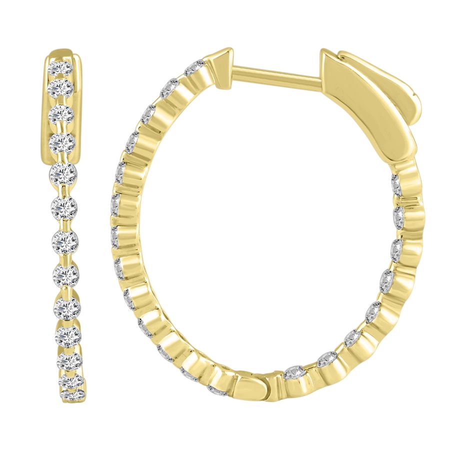 LADIES HOOP EARRINGS 1.00CT ROUND DIAMOND 10K YELLOW GOLD