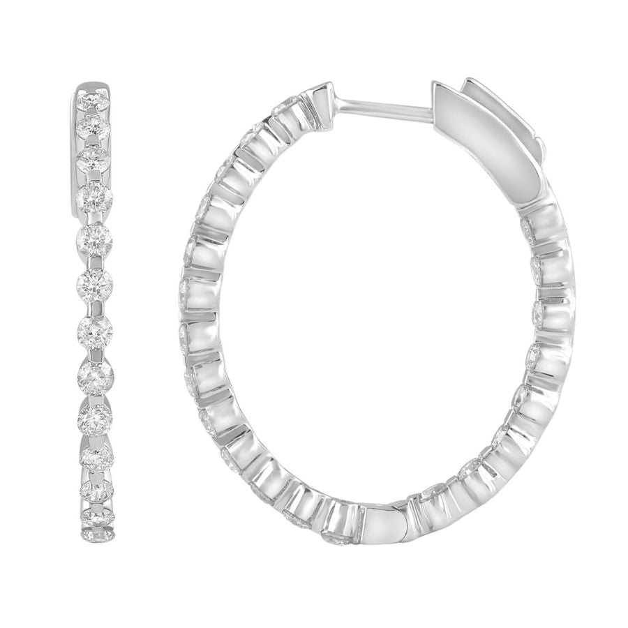 LADIES HOOP EARRINGS 1.50CT ROUND DIAMOND 10K WHITE GOLD