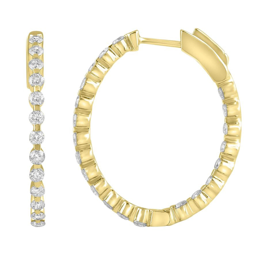 LADIES HOOP EARRINGS 1.50CT ROUND DIAMOND 10K YELLOW GOLD