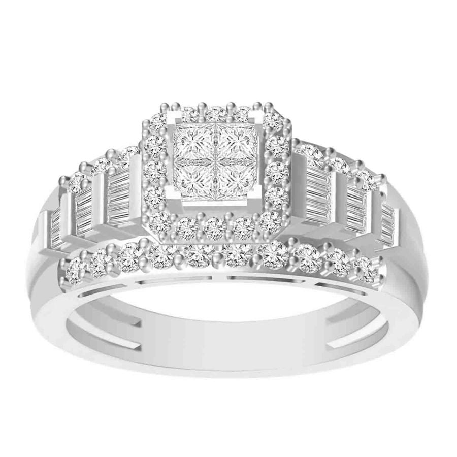 LADIES RING 1.00CT ROUND/PRINCESS/BAGUETTE DIAMOND 14K WHITE GOLD