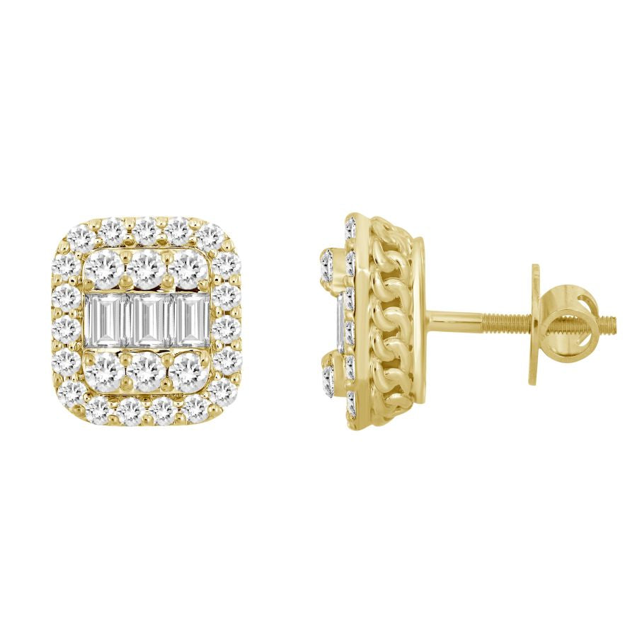 MEN'S STUD EARRINGS 2.10CT ROUND/BAGUETTE DIAMOND 10K YELLOW GOLD