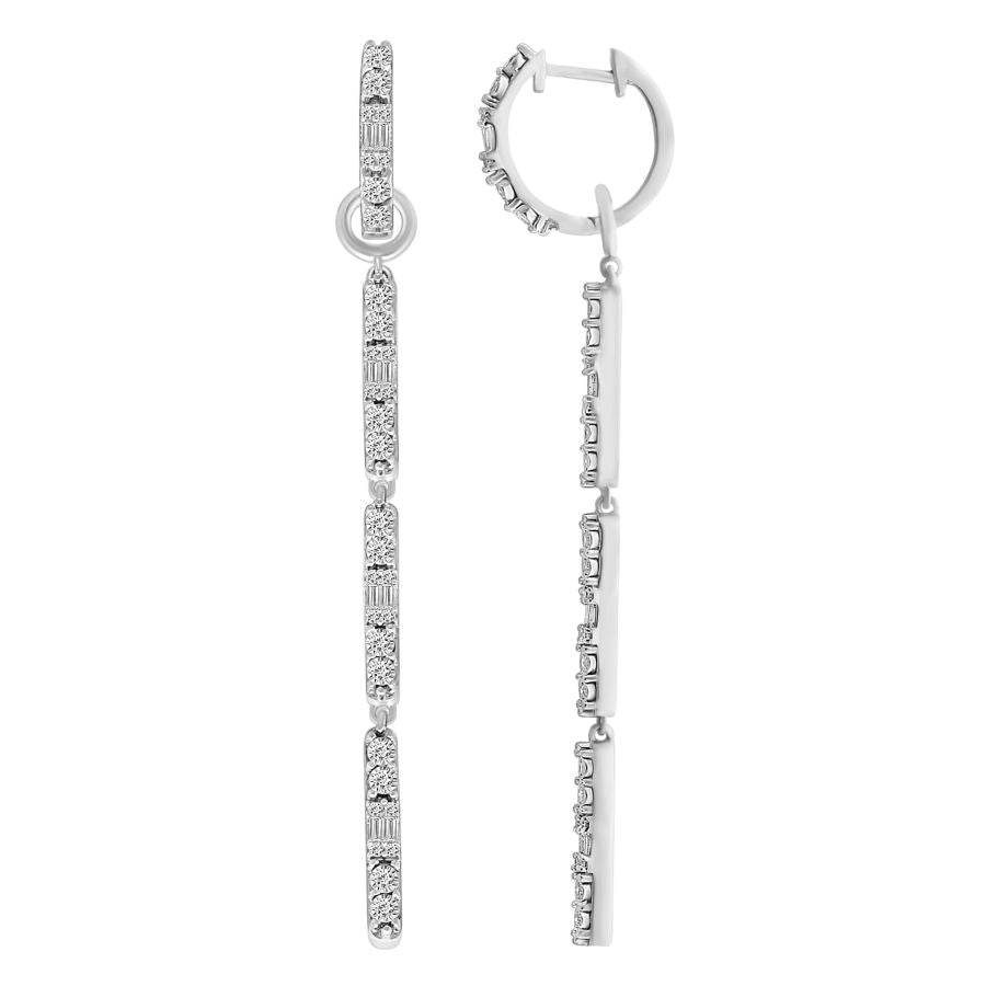 LADIES HOOP EARRINGS 0.50CT ROUND/BAGUETTE DIAMOND 10K WHITE GOLD