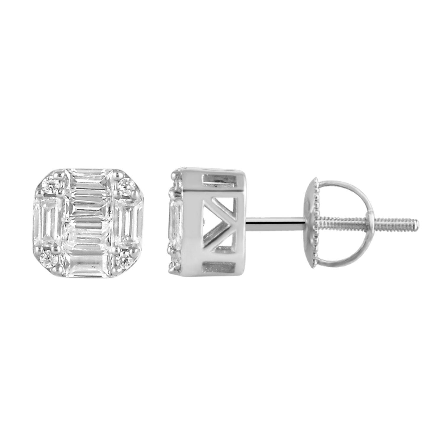 MEN'S STUD EARRINGS 0.50CT ROUND/BAGUETTE DIAMOND 10K WHITE GOLD