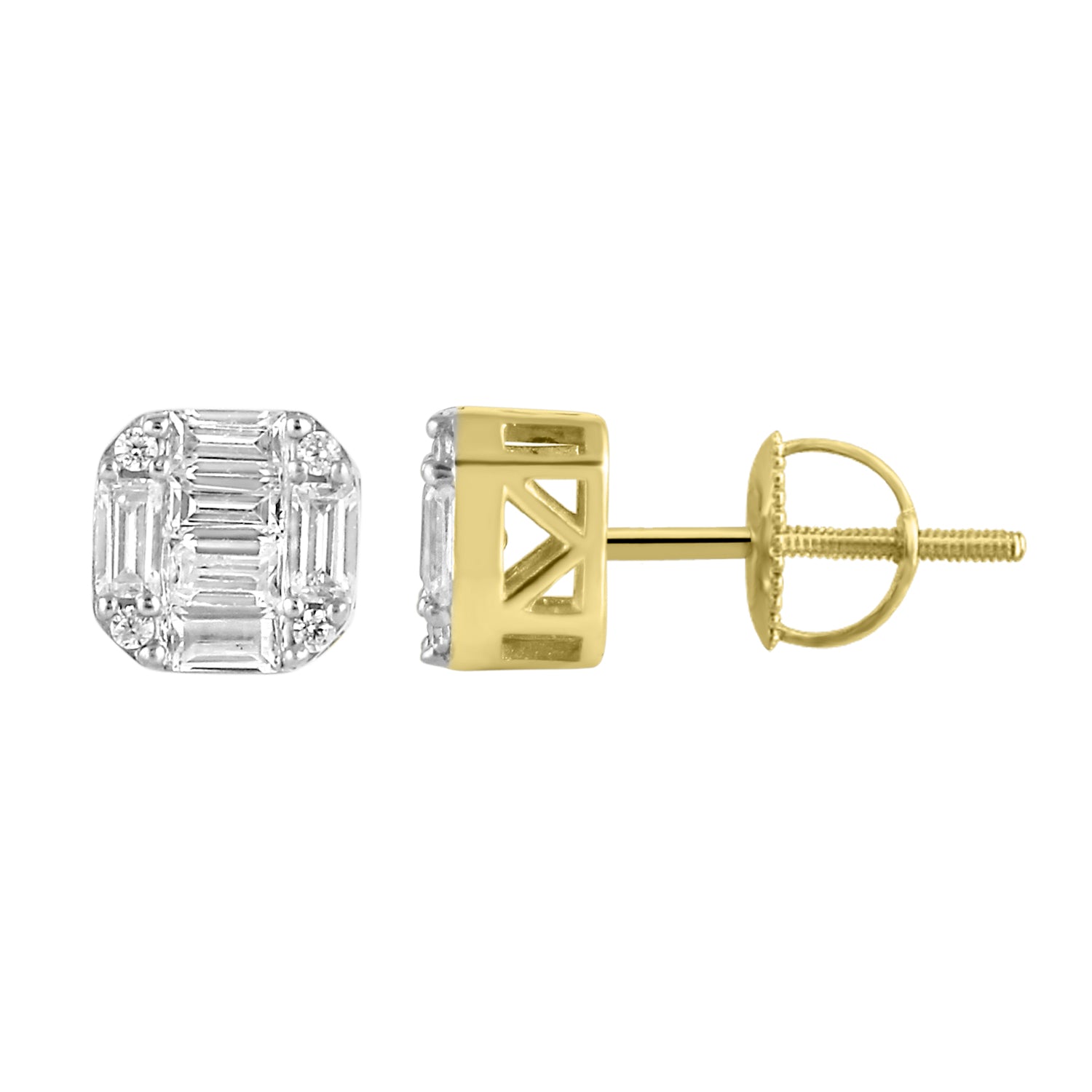 MEN'S STUD EARRINGS 0.50CT ROUND/BAGUETTE DIAMOND 10K YELLOW GOLD