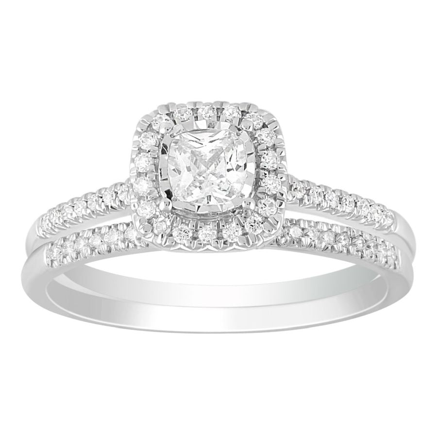 LADIES BRIDAL SET 0.25CT ROUND DIAMOND 14K WHITE GOLD (CENTER STONE 0.33CT CUSHION DIAMOND)