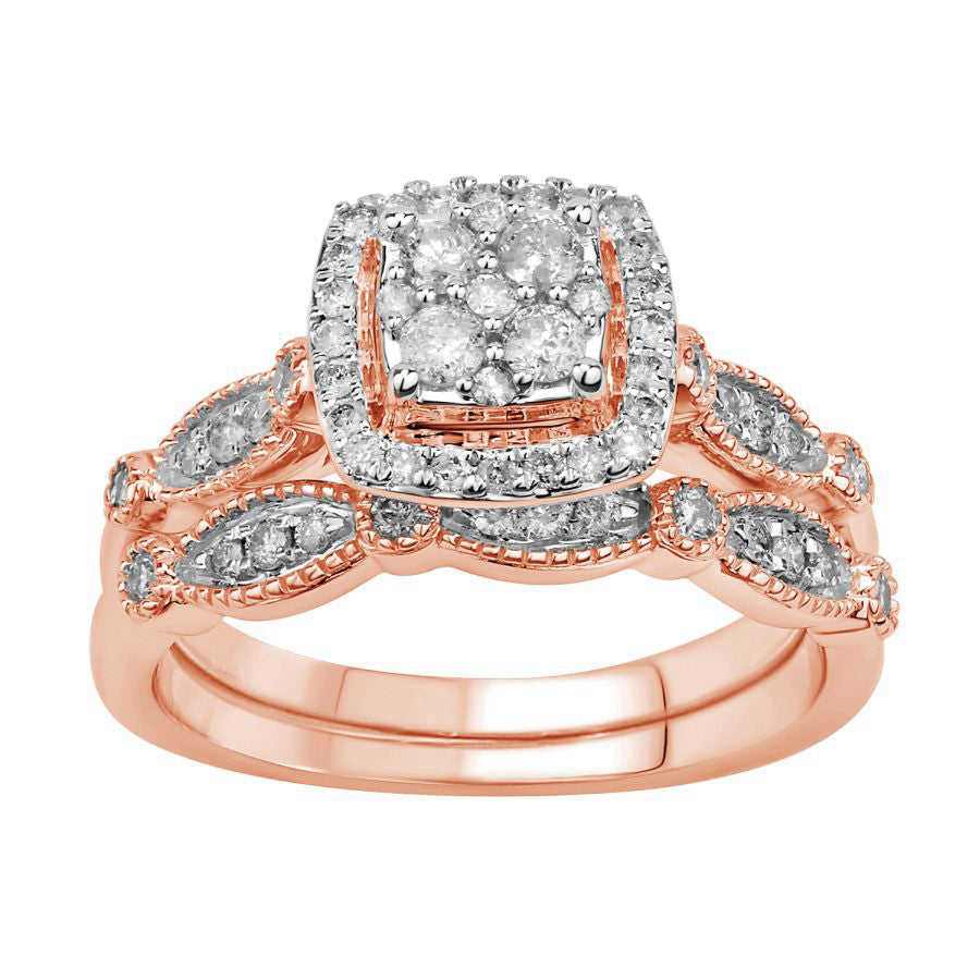 LADIES BRIDAL SET 0.50CT ROUND DIAMOND 10K ROSE GOLD