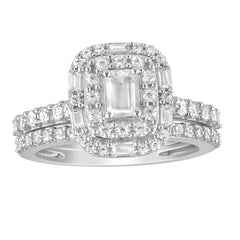 LADIES BRIDAL SET 1.25CT ROUND/BAGUETTE/EMERALD DIAMOND 14K WHITE GOLD (SI QUALITY) (CENTER STONE 0.33CT EMERALD DIAMOND)