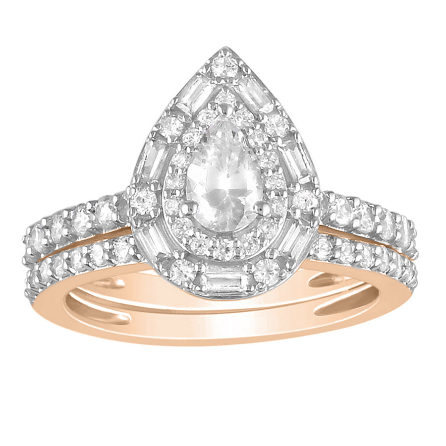 LADIES BRIDAL SET 1.25CT ROUND/BAGUETTE DIAMOND 14K ROSE GOLD (SI QUALITY) (CENTER STONE 0.33CT PEAR DIAMOND)